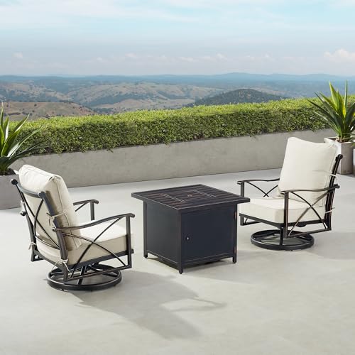 Oakland Living Black Aluminum Square Patio Fire Table Bistro Set with Two Club Chairs, Cushions, Covers and Glass Beads