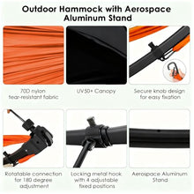 Portable Outdoor Hammock with Sturdy Folding Stand, Adjustable Canopy Shade, and Carry Bag for Backyard, Camping, Beach, or Garden Use (Black + Aluminium Alloy + Nylon + Steel)