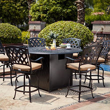 Darlee Ocean View 7 Pc Cast Aluminum Counter Height Fire Pit Dining Set w/ 60 Inch Round Signature Table in Antique Bronze/Sesame