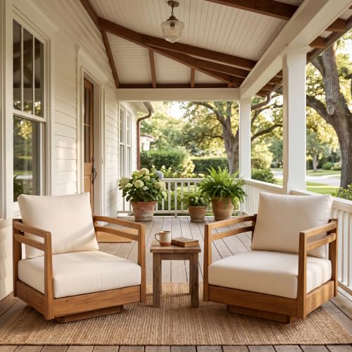 Merax Acacia Wood Outdoor Swivel Chairs Set of 2 with Beige Cushions