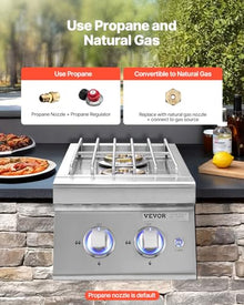 VEVOR Double Grilling Side Burners, 2 x 17,000BTU Liquid Propane Side Burner for Outdoor Kitchen, Convertible to Natural Gas, 304 Stainless Steel Built-in Double Burners with LED for BBQ Grill Island