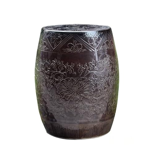 LINKIO Garden Stool Black Carved Tangzhi Lotus Decorative Garden Stool | Porcelain Round Drum Stool for Home and Garden Decoration Ottomans