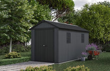Keter Newton Plus 7.5x13 Ft All-Weather Storage Shed with Skylight, Window, Built-in Ventilation, Customizable Walls, & Lockable Double Doors, Graphite