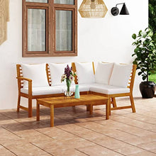 KUPTYERFG Outdoor Lounge Bench with Right Armrest, Solid Acacia Wood Patio Sectional Sofa Piece with Cream Cushions, Modular Garden Seating, 39.4 x 19.7 x 13 Inches