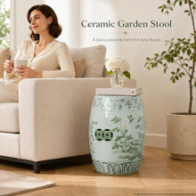 18.5" Ceramic Garden Stool, Green & White Chinoiserie Flower Bird Motif Drum Stool, Indoor Outdoor Patio Accent Side Table, Plant Stand and Decorative Stool for Living Room, Garden, Balcony green