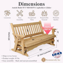 5 FT NATURAL Porch MISSION Glider Cupholders Bench for 3 Person, Amish-Made Pine Wood Glider, Smooth Glide, Balanced Construction, Even Weight Distribution, Relaxed Seating Angle, Made in USA