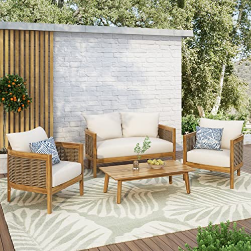 Christopher Knight Home Burchett Outdoor 4pc Chat Set Acacia Wood Wicker Teak Finish Mixed Brown Beige