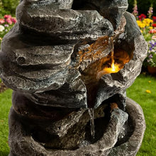 6-Tier Cascading Stone Water Fountain Outdoor Indoor Freestanding Resin Waterfall Feature with 3 LED Lights,Quiet Pump, Natural Rock Accent for Garden Patio Yard Deck Porch