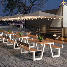 MJJRWF Waterproof WPC Table and Chair Set with Sun Umbrella, Benches with Backrests, for Outdoor Dining/Coffee Shop/Backyard Picnics/Patio(White,140x70x75cm)
