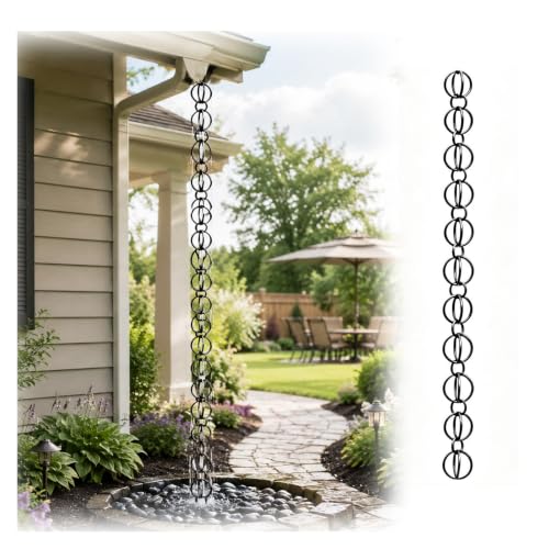 RNLFSP Black Metal Rain Chain for Gutters, Round Ring Rainwater Chain
