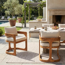 Christopher Knight Home Zeke Outdoor Dining Chairs Set of 2, Acacia Wood Dining Chairs with Water-Resistant Cushions, Patio Side Chairs with U-Shaped Sled Base & Curved Armrests, Beige + Teak