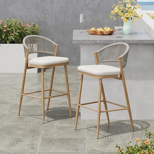 Christopher Knight Home Hearth 30.25" Patio Barstools Set of 2, Woven Wicker Counter Stool, Aluminum Frame Barstool, PE Rattan Scallop-Shape Backrest Woodlike Stool for Backyard Balcony, Maple