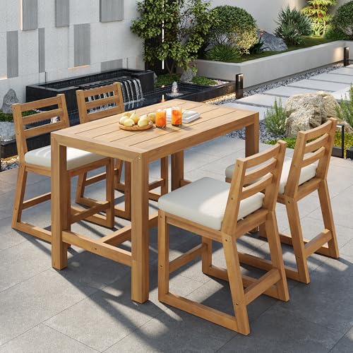 raxatek 5-Pc Rustic Patio Bar Set,52" Acacia Wood Table w/4 Chairs