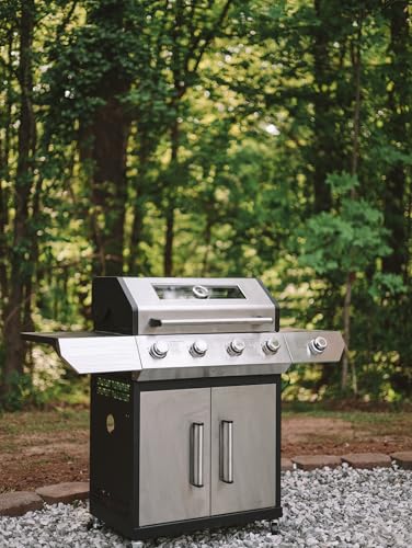 4 Led Burner Propane Gas Grill with Side Burner & & Visual Glass, Stainless Steel Gas Grill with Enameled Cast Iron Grates, 60,000 BTUs Output for Outdoor Cooking and Patio Backyard Barbecue