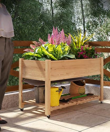 Sturdy Elevated Wooden Raised Garden Bed with Wheels and Legs – Large Planter Box with Storage Shelf, Protective Liner – Ideal for Vegetables, Herbs, Flowers – Outdoor Patio, Balcony, Backyard –