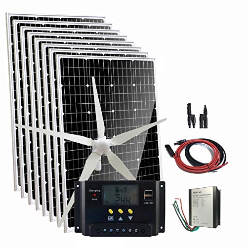 1560W 48V Wind Turbine Generator Solar Panel Hybrid Kit for Home Roof: 8pcs 120W Mono Solar Panel/600W Windmill/PWM Charge Conroller/Cable