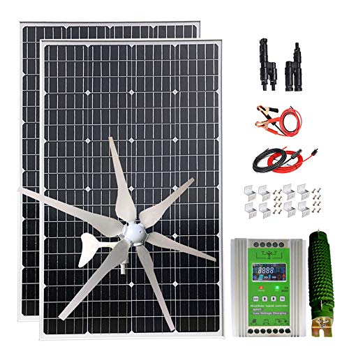 640W Solar Wind System with 12V/24V MPPT Hyrbid Charge Controller: 2pcs 120 Watt Monocrystalline Solar Panel + 400W Wind Turbine Generator + Z Brackets +Cables