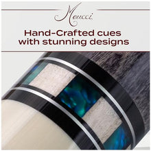 Meucci Pool Cues - Merry Widow Blue & Gray Maple Cue Stick with Paua Shell Squares Design, Irish Linen Wrap - Smoke Stain, Blue/Black Lacquered Linen