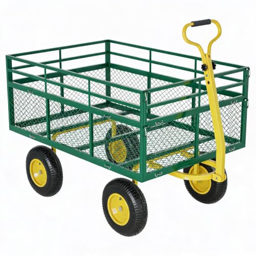 Fectiontool Heavy-Duty Steel Garden Cart Wagon, 3-in-1 Convertible Utility Yard Cart/Flatbed - Removable Mesh Sides - 13" All-Terrain Pneumatic Tires - 180° Swivel Handle - 1400 lbs Load Capacity |