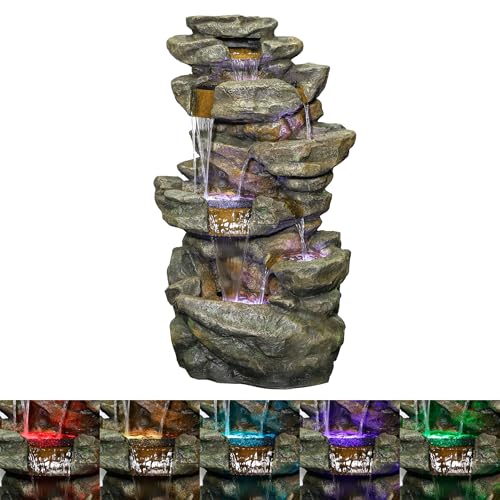 Alpine Corporation 51" Tall 6-Tier Outdoor Rainforest Waterfall Floor Fountain, Weather-Resistant Design with Color-Changing LED Lights & Remote Control, Gray