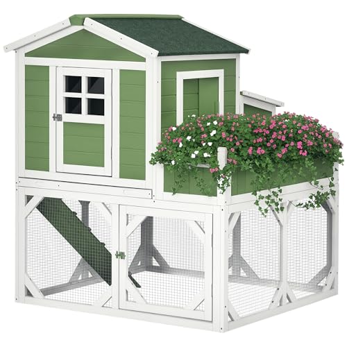 49" Small Chicken Coop with Outdoor Run, Covered Hen House with Nesting Box, Ramp & Removable Tray, Green, for 2–4 Birds