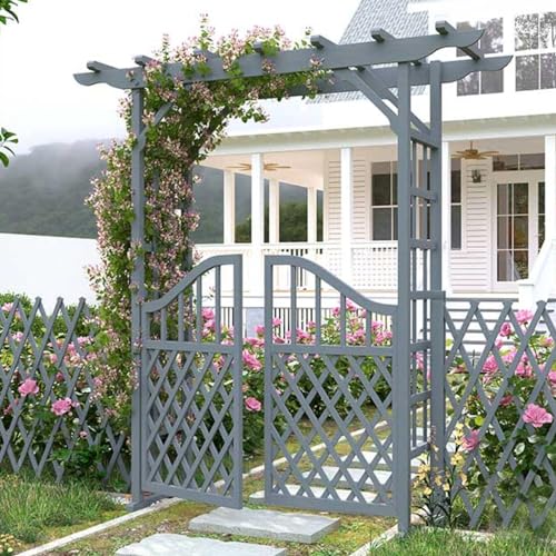 OREKPOT Garden Arch, Outdoor Arch Trellis with Gate, Durable Wooden Arbor pergola for Wedding Decoration Climbing Plants Lawn Patio Party Patio，Gray 160cm/63in
