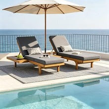 Merax 2-Person Outdoor Chaise Lounge Set with 3-Fold 4" Cushions, Acacia Wood Patio 5-Position Adjustable Reclining Sun Lounger, Convertible Double & Single Pool Lounge Chairs, Teak + Dark Grey