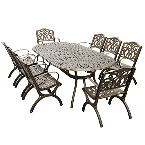Oakland Living Modern Outdoor Mesh Lattice Aluminum 95-in Large Bronze Oval Patio Dining Set with Eight Ornate Chairs
