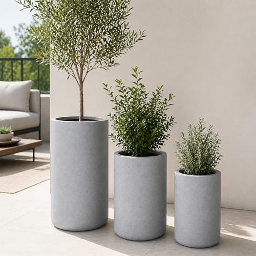 Set of 3 Tall Cylinder Polystone Indoor/Outdoor Planters, Gray