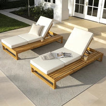 Merax 2 Piece Teak Finish Acacia Wood Chaise Lounge with 4-Inch Cream 3-Fold Water-Resistant Cushion Set, 4-Position Adjustable Outdoor Patio Lounger with Flat Side Surface, for Poolside