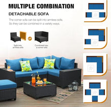 HTERWQEA 6-Piece Outdoor Patio Furniture Set, All-Weather PE Rattan Sofa with Glass Coffee Table, Garden Conversation Set for Patio or Backyard