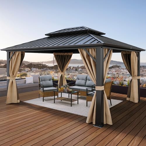 YITAHOME 10x12ft Hardtop Gazebo Double Roof Canopy with Netting and Curtains Brown