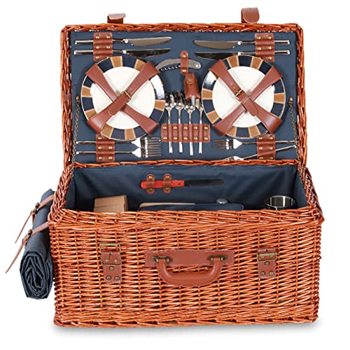 Wicker Picnic Basket for 4 Persons with Waterproof Picnic Blanket, Picnic Set for Family with Insulated Cooler Bag and Cutlery, Willow Picnic Hamper Basket for Camping, Wedding