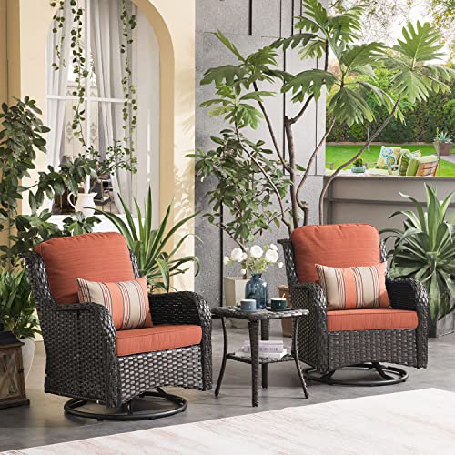 Generic Outdoor Furniture Set 3 Pieces Swivel Rocking Chairs Rattan Wicker Bistro Set with Side Table Orange Red