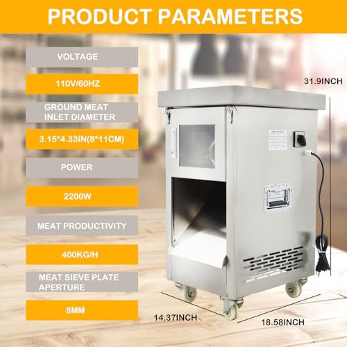 HayWHNKN Electric Meat Grinder Commercial 8mm Plate 880lbs/h 2.2kW Stainless Steel Silver