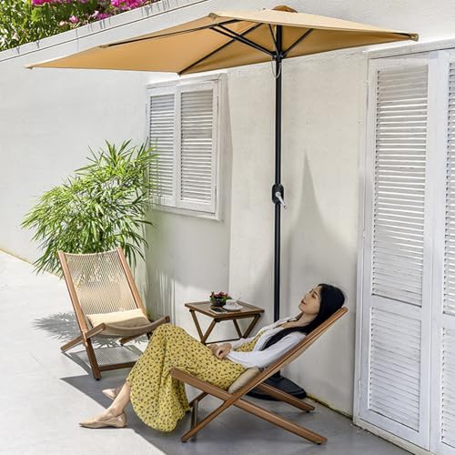 FORRTY Half Patio Umbrella Wall Mounted Outdoor Umbrella Set, 230x130cm UV Protection Sun Shade With Adjustable Crank, Water-Fill Parasol Base, Table & 2 Chairs For Balcony, Garden, Deck, Café(Khaki 1