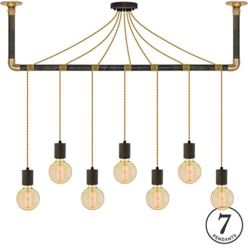 Gold and Black Wood Pendant Light Wrap with Ebony Black Wood and Brass Ceiling Bracket - Hangout Lighting - 7 Pendants