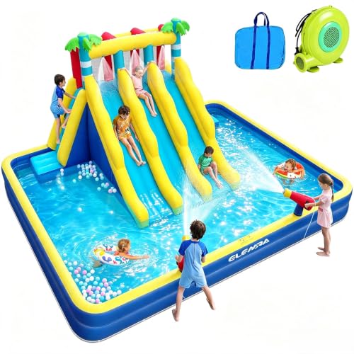 ELEMARA Inflatable Water Slide for Big Kids, 20.66x16.4FT w/Large Double-Layer Pool, Bounce House for Kids Backyard w/3 Extra-Long Slides, Climbing Wall, 2 Water Cannons,Water Spraying,750W Air Blower