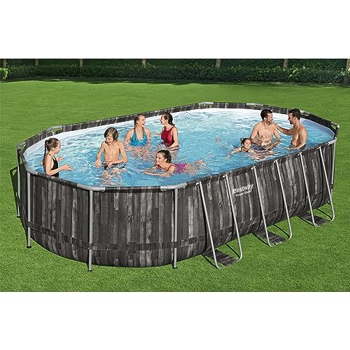 Bestway Power Steel Oval Metal Frame Above Ground Swimming Pool Set Gray Wood Print