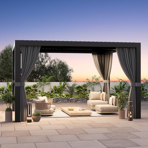 Big Leaf 10'x12' Louvered Pergola with USB Charging Station - Outdoor Aluminum Pergola with Built-in Drainage, Privacy Netting & Weatherproof Curtains, Patio Cover for Deck, Easy Assembly, Black