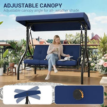 FinerFurnis Adjustable Canopy & Convertible Bed – 3-Seat Outdoor Patio Swing Chair – Thick Cushions, Built-in Cup Holders & Tray, Weather-Resistant Steel Frame, Sturdy for Backyard or Porch – Navy