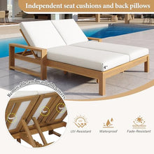 Merax Outdoor Double Lounge Chair with 5-Position Adjustable Backrest for Each Seat, Wood Patio Chaise Lounge with Armrests & Removable Cushions for Patio Poolside Garden, All-Weather, Light Teak