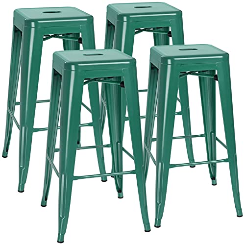 ZDXY 30 Inches Metal Bar Stools Breakfast Stool Kitchen Chair for Counter Height Indoor-Outdoor Modern Stackable Industrial Stools with Square Seat, Set of 4 (Green)