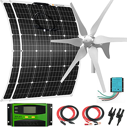 640 Watts Solar Wind Turbine Generator Power Kit: 1pc 400 Watt Wind Turbine + 2pcs 120W Flexible Mono Solar Panels Off Grid for Homes Roofs RV Bendable