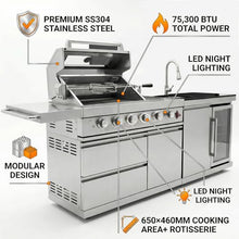 84 Inch Outdoor Kitchen Island, 6-Burner 75300 BTU Propane Gas Grill with Refrigerator, Sink, Wine Cooler, Granite Countertops and Rotisserie Kit, Stainless Steel Barbecue Bar for Patio, Silver