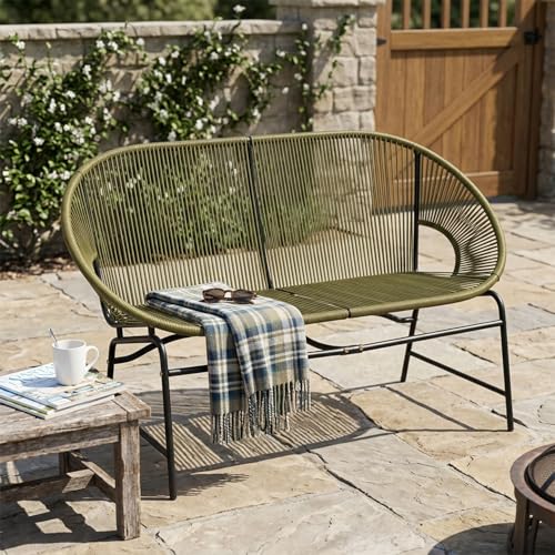 SRECELL Outdoor Wicker Loveseat Patio Furniture, PE Rattan Love Seat with Iron Frame, All-Weather Patio Bench Seating for Backyard, Balcony, Deck, Modern Outdoor Couch No Cushions,Green