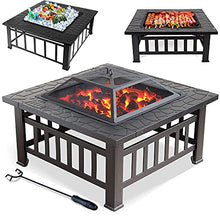 32" Square Fire Pits Tables for Garden with Poker, 3 in 1 Metal Fire-pit and Fire Bowls for Barbecue, Fire Pit Table for Outside Patio with Mesh Spark Screen Top