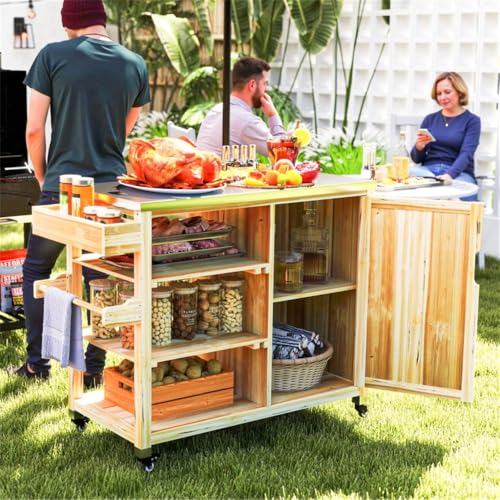 Heavy-Duty Outdoor Grill Cart with Stainless Steel Top, Wooden Frame, Storage Shelves and Mobile Casters for Patio Cooking