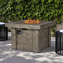 Shine Company Merida 34.75 in Square 50,000 BTU Outdoor Glass Fiber Reinforced Concrete Propane Gas Fire Pit Table w/GFRC Tabletop, Stainless Steel Burner, Lava Rocks, Natural Wood Look - Gray