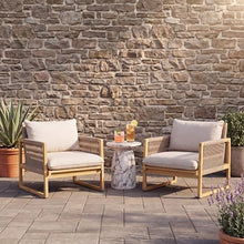 Christopher Knight Home Mina 3 Piece Outdoor Accent Chairs Set of 2 with Thick Cushions & MGO Round Side Table, Acacia Wood Outdoor Bistro Set for 2, Patio Furniture Set, Light Teak+Beige+Marble